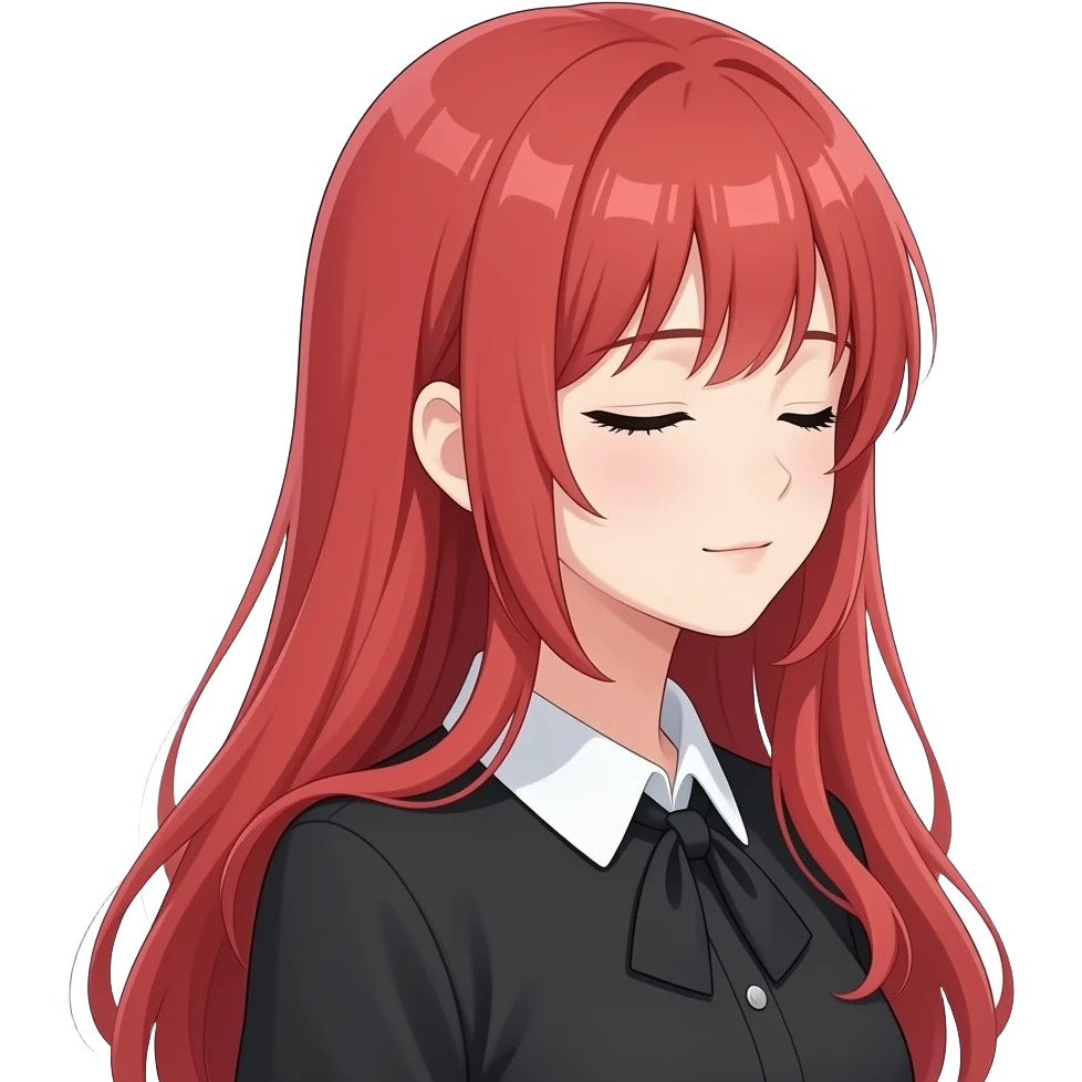 anime girl side eyes closed long red hair green eyes black blouse with white collar emoji