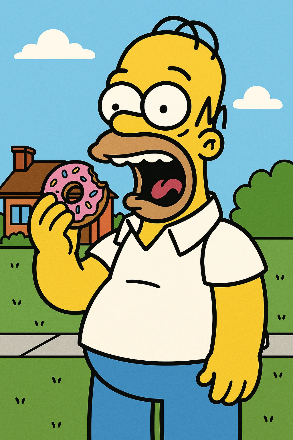 Homer Simpson cartoon style, yellow skin, bald with two hairs, white shirt, blue pants, eating a donut emoji