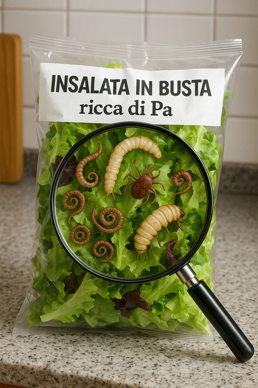 Insalata in busta ricca di pa transparent plastic bag of pre-washed salad sits on a kitchen counter. Through the bag, small, detailed images of various parasites (such as worms, larvae, or microscopic bugs) are visible among the lettuce leaves. A magnifying glass hovers over the bag, enlarging the parasites for emphasis. The mood is cautionary and educational.arassiti emoji