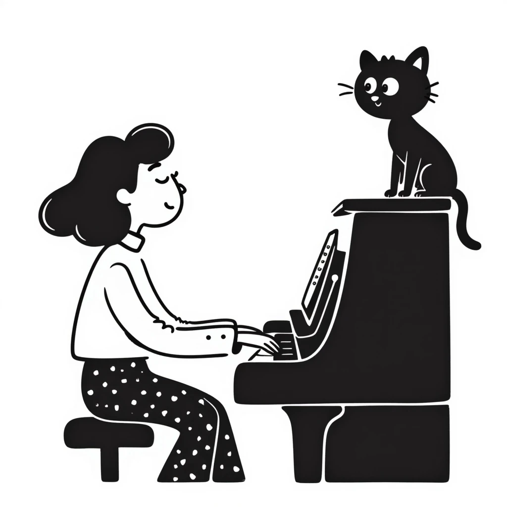 woman playing piano while her cat sits on top of the piano emoji
