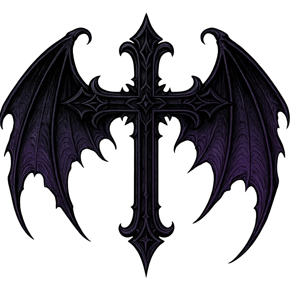 gothic style goth cross with bat wings in black and purple emoji