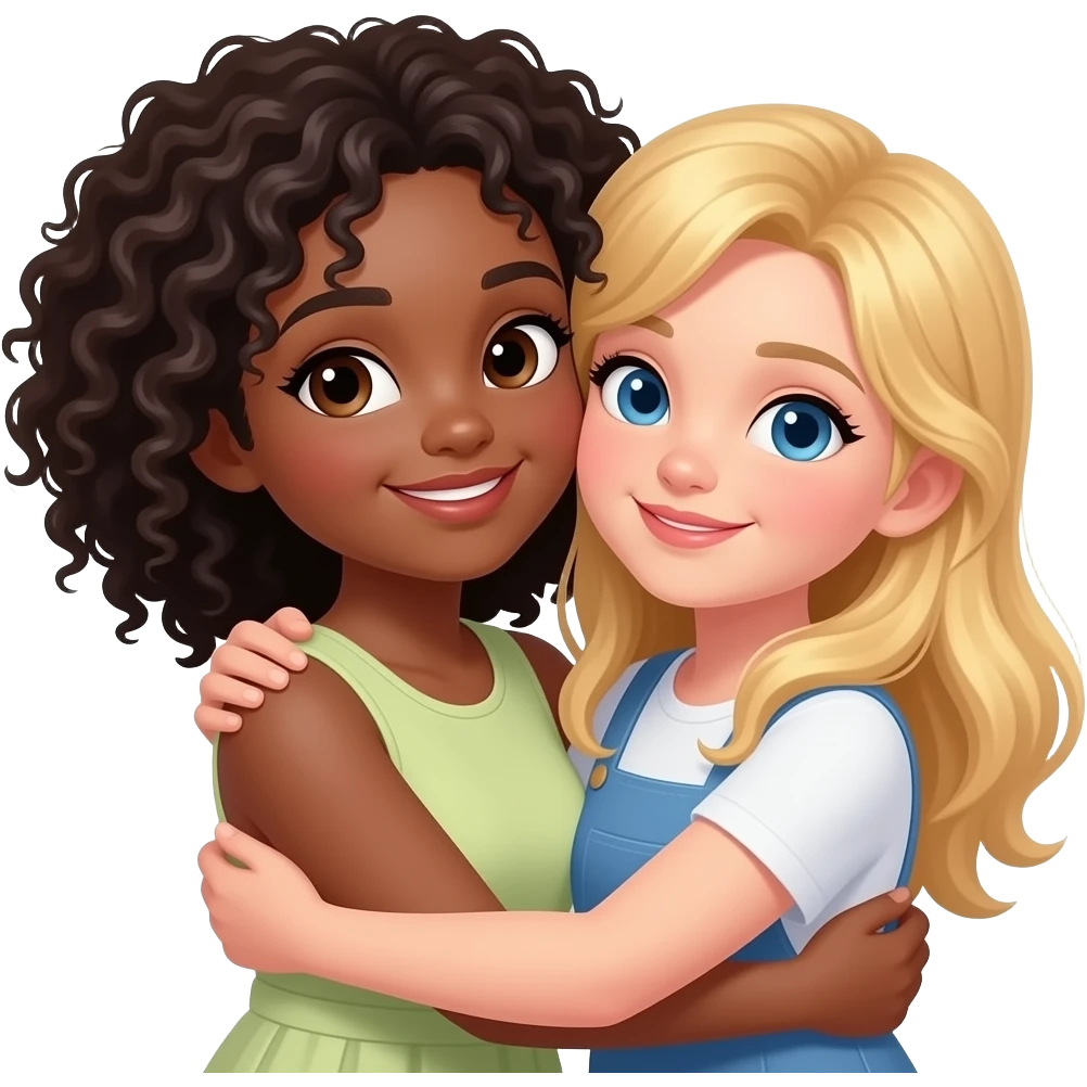 A curly-haired girl with dark skin and a blonde-haired girl with light skinhugging each other emoji