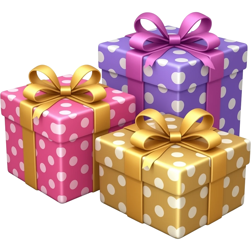 THREE BIRTHDAY GIFTS PINK PURPLE AND GOLD POKLKA DOTS emoji
