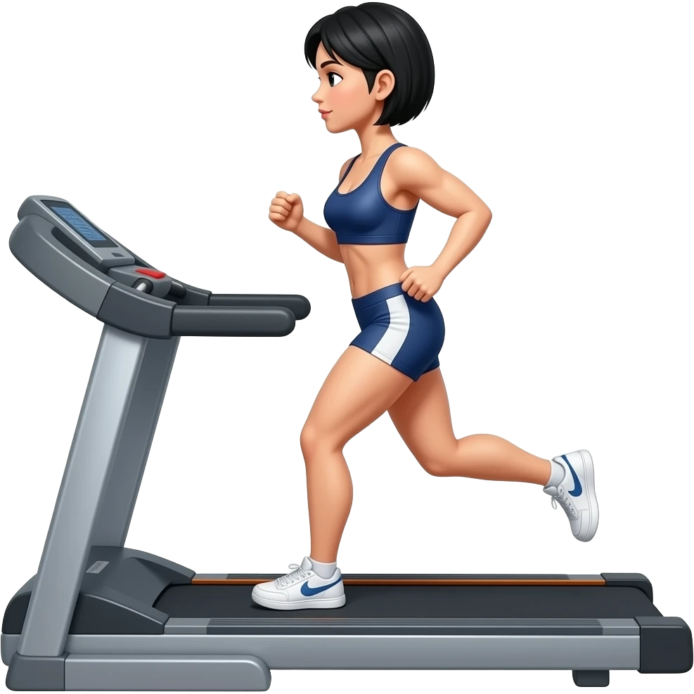 female, short black haircut, muscular and thin on a treadmill emoji