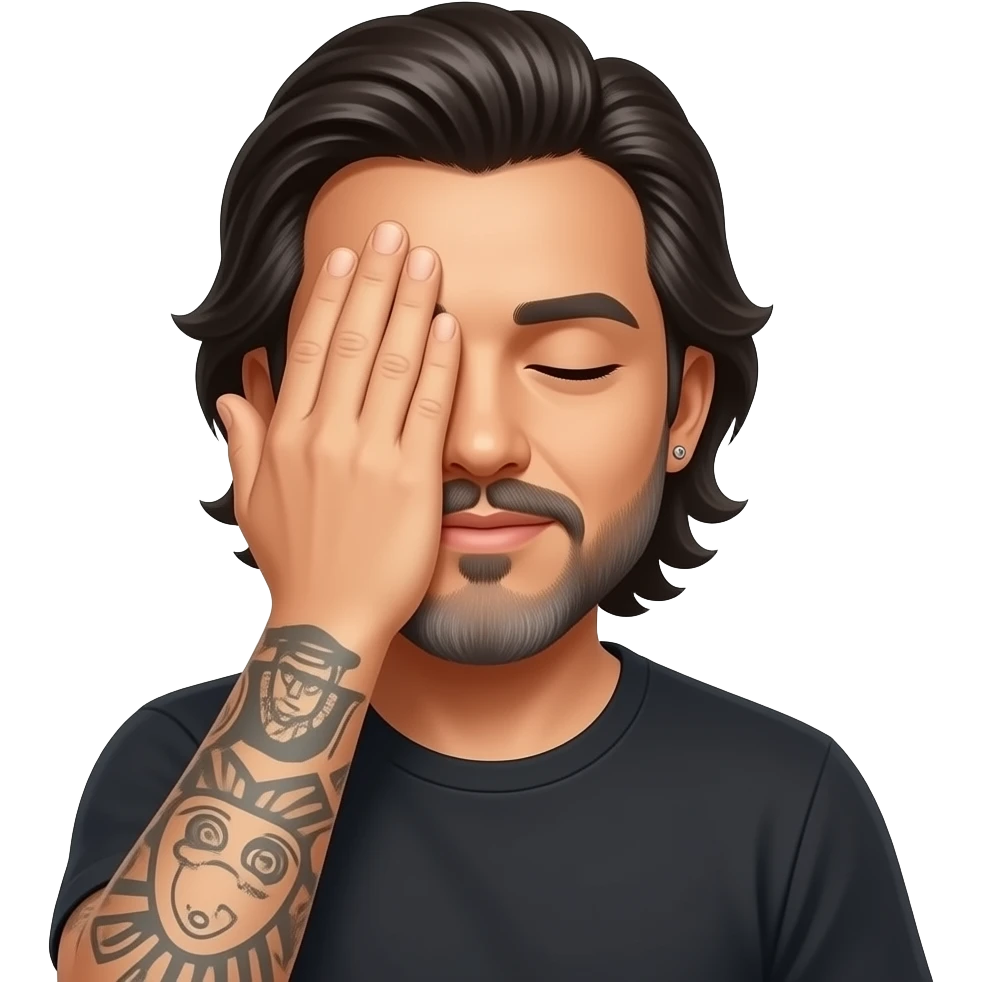 The handsome Latino podcast host with medium length hair, a long lightly graying beard and tattoos, his ear pierced and right nostril as well, covering his eyes with hand emoji