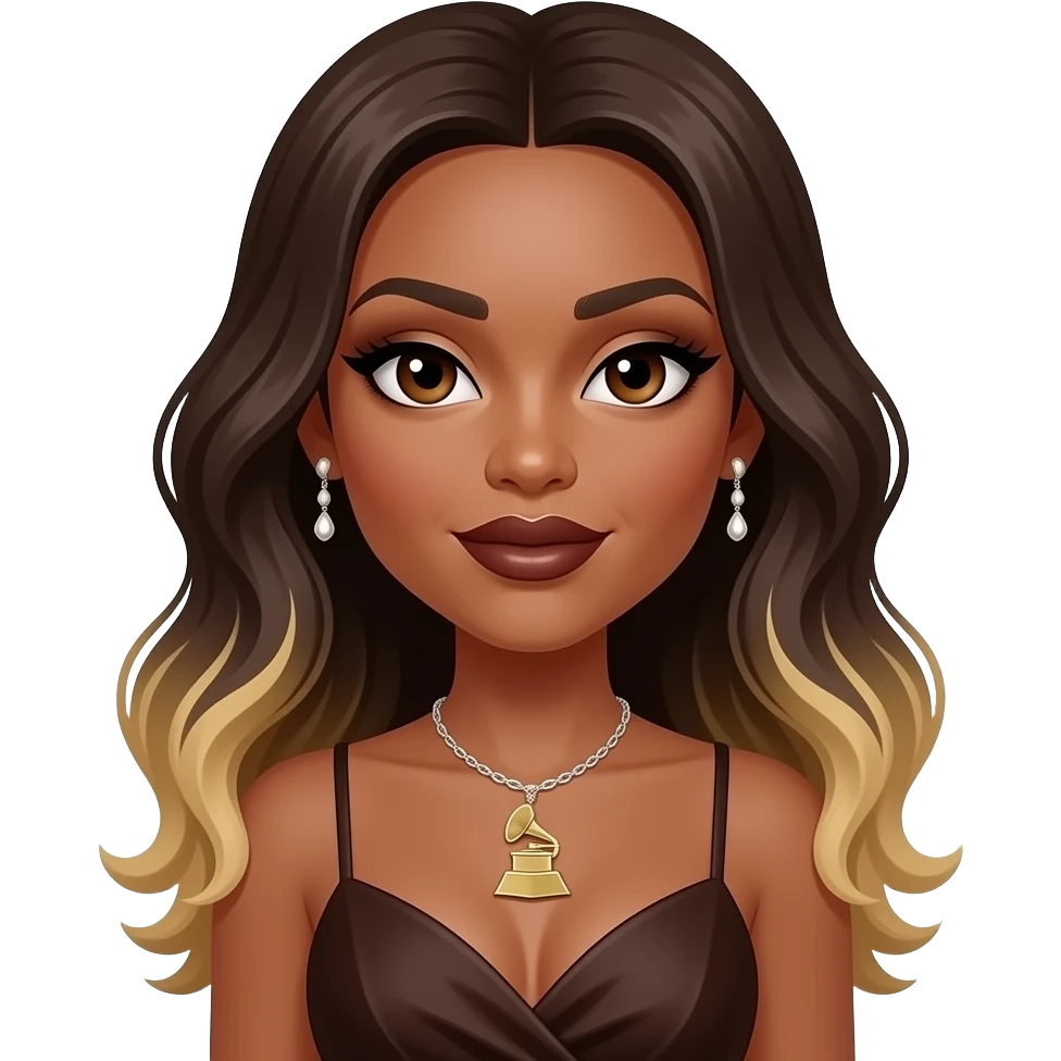 Victoria Monét, R&B Singer with brown skin, dark brown eyes, long dark brown hair with blonde ombre, brown eyeshadow, dark brown lipstick, dark brown grammy dress, necklace and earrings emoji