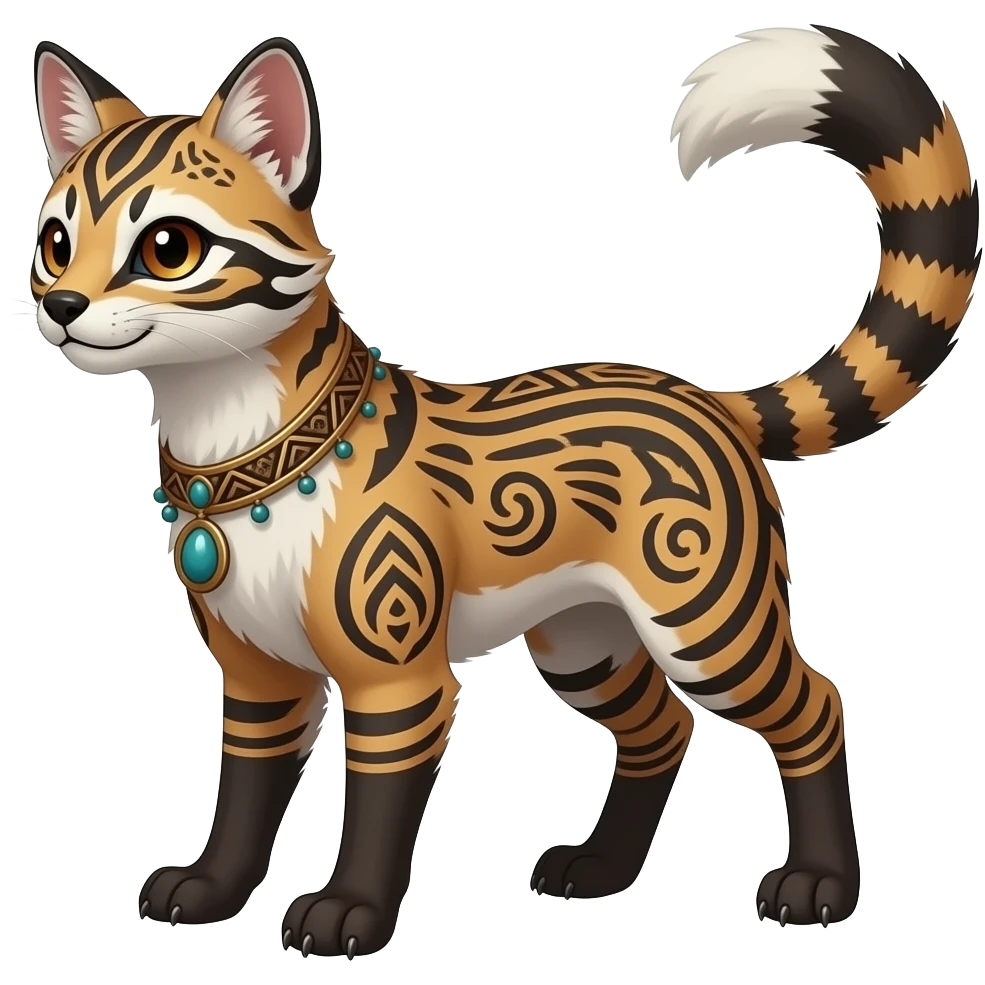 Tribal-patterned aesthetic quadrupedal elegant oriental feral painted Civet-Litten-Luxray-Sprigatito-Furret-Sylveon-animal-Fakémon-fusion-hybrid-creature emoji