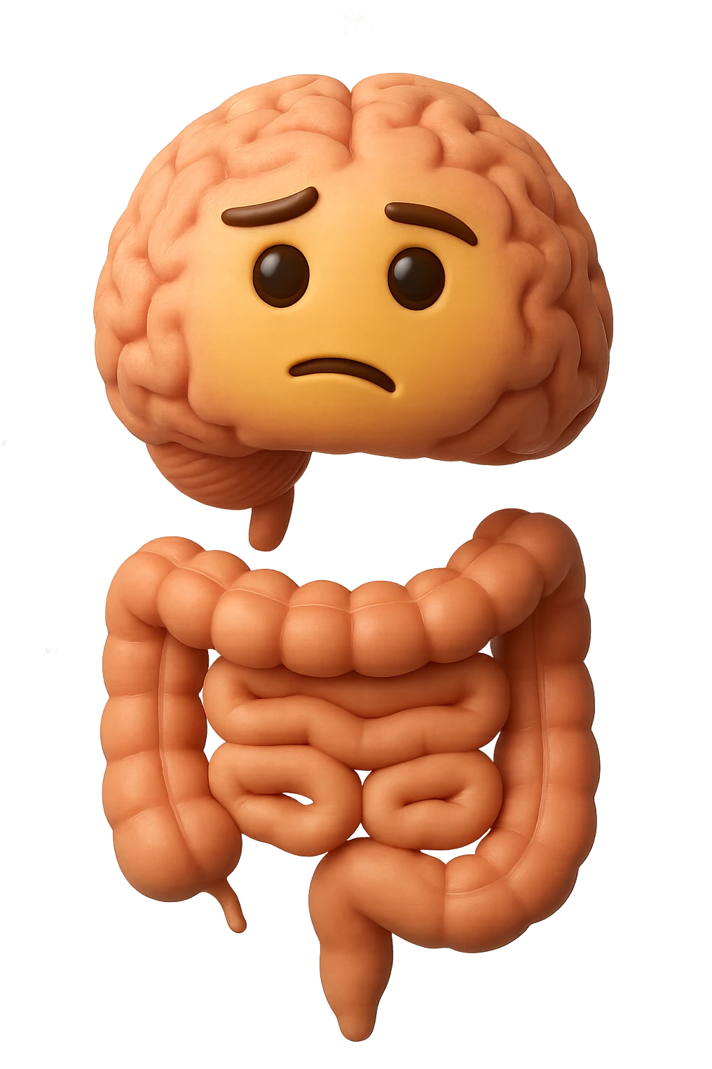 EMOJI STILE IPHONE 3D DI cervello e intestino umani collegati verticalmente con espressione dubbiosa in volto E FALLO MOLTO REALISTICO IN 3D emoji