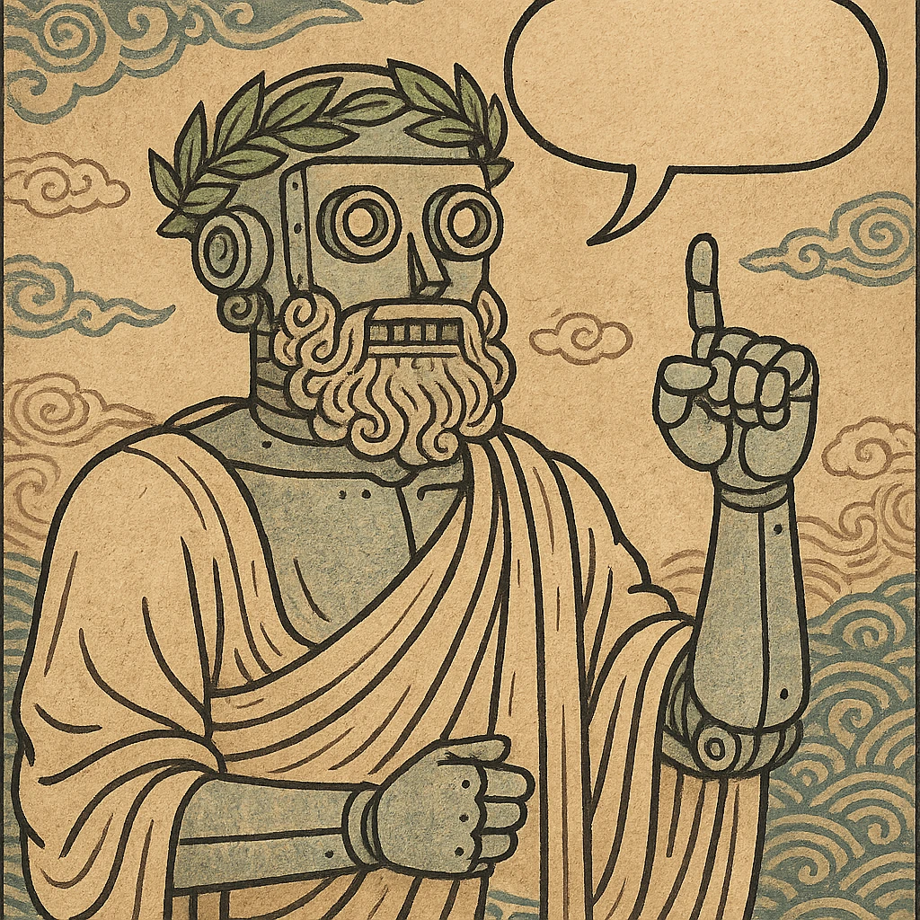 ancient Greek philosopher robot wearing a toga and laurel wreath, speech bubble emoji