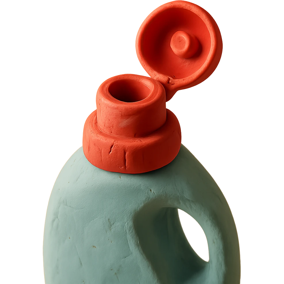 close-up of detergent bottle with cap open in claymation style, soft lighting, pastel colors emoji