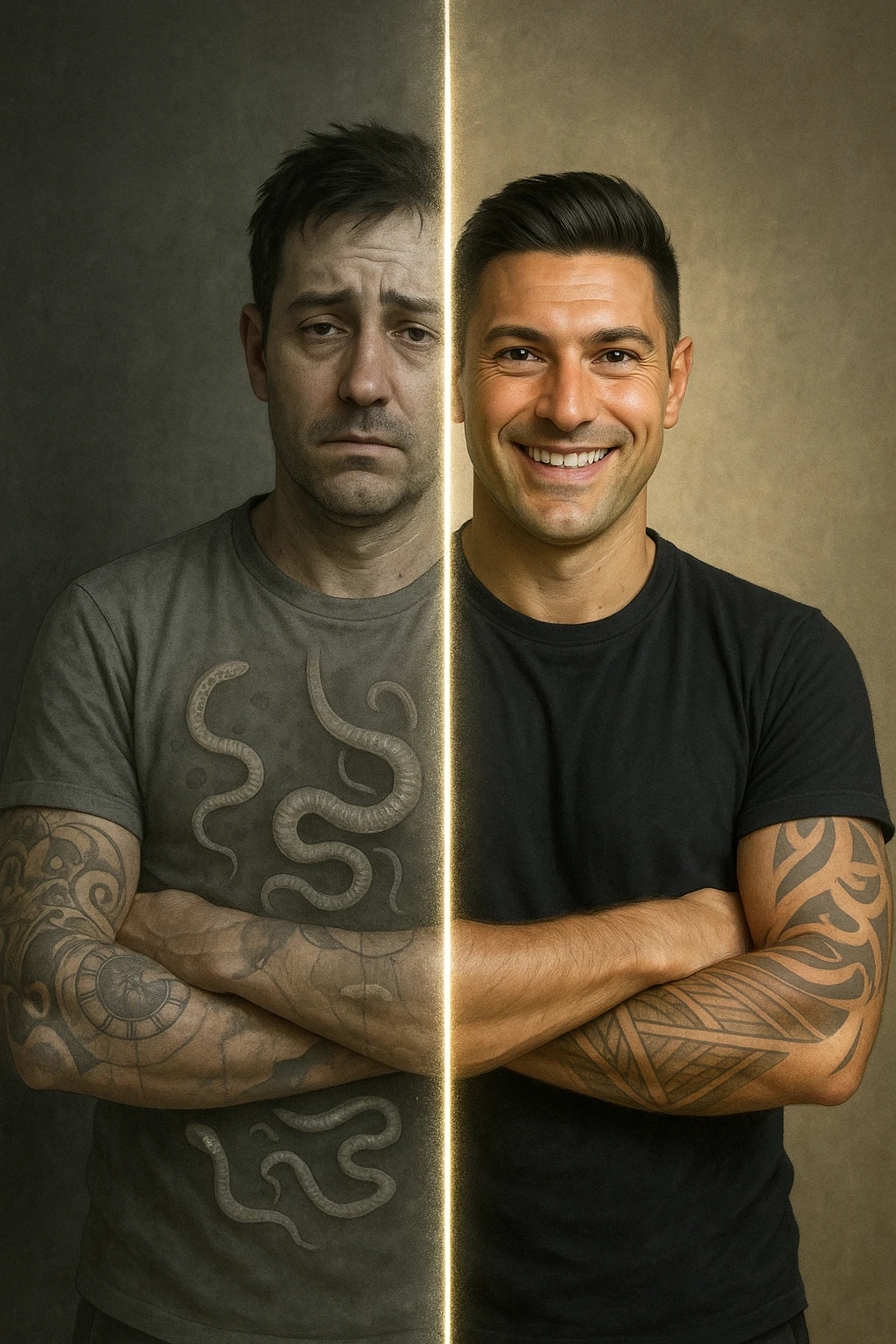 a man is depicted in two halves—on one side, he appears tired and weighed down, with faint, ghostly images of parasites visible inside his torso; on the other side, he is vibrant and healthy, with clear skin and bright eyes, the parasites gone. A visual transition or glowing line separates the two states, symbolizing recovery. emoji