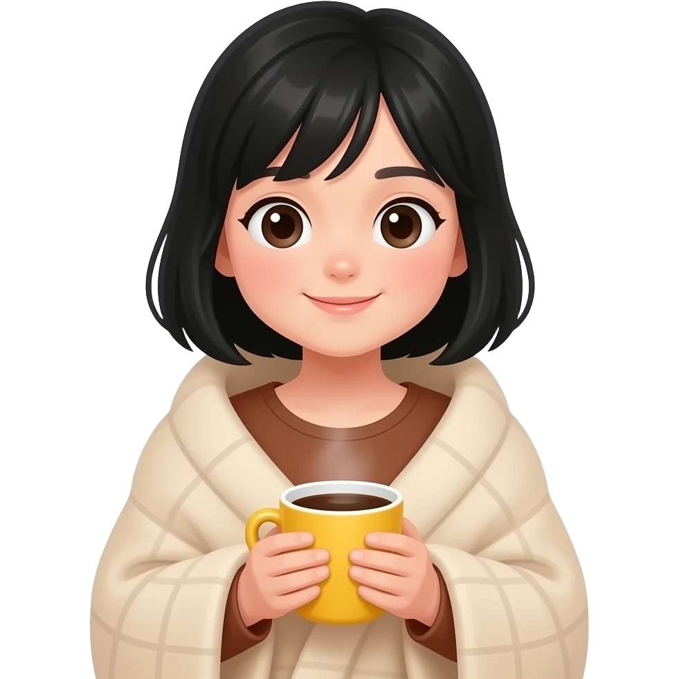 A cute white girl with black hair, with a beige blanket, brown top, and a coffee in a very cozy yellow cup, in iPhone emoji style. emoji