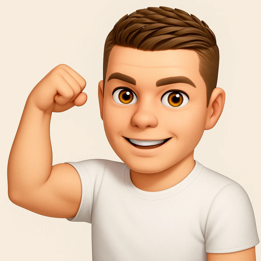 Based on these photos, make an emoji with facial features intact, man in white t-shirt, showing muscles emoji