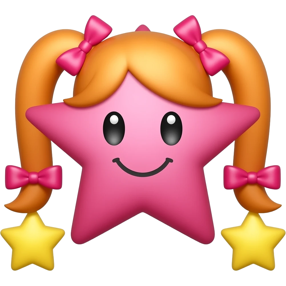 a pink star with orange pigtails tied with pink bows with yellow stars on the ends emoji