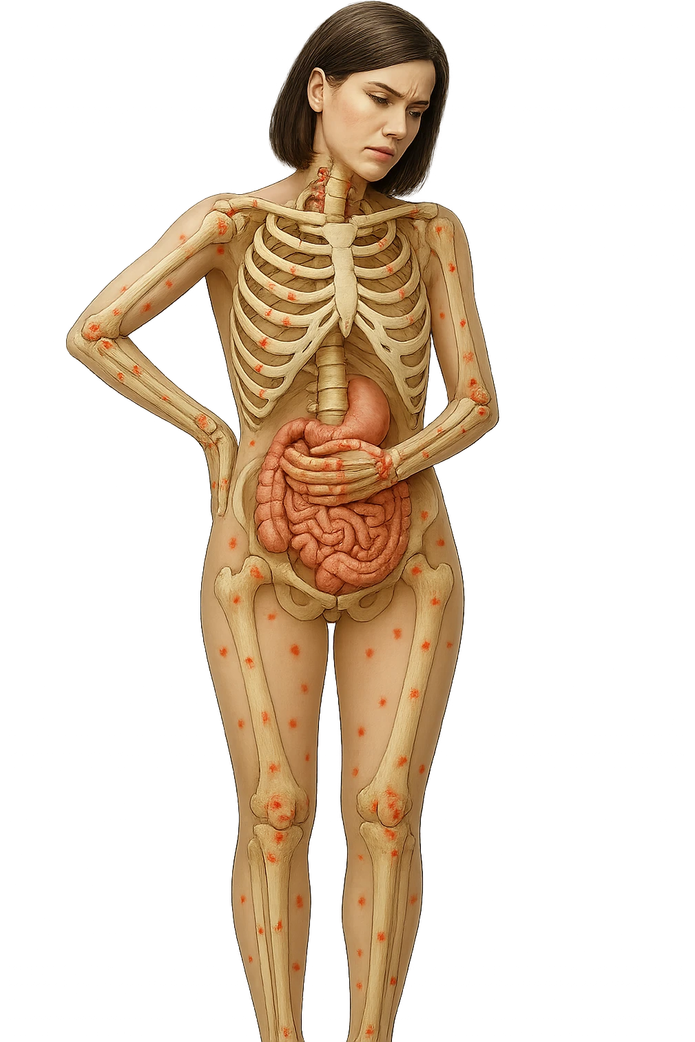 donna realistica a figura intera con red spot sparsi alle ossa, ossa del corpo visibili sul corpo, non sul volto iperrealistico 4k emoji