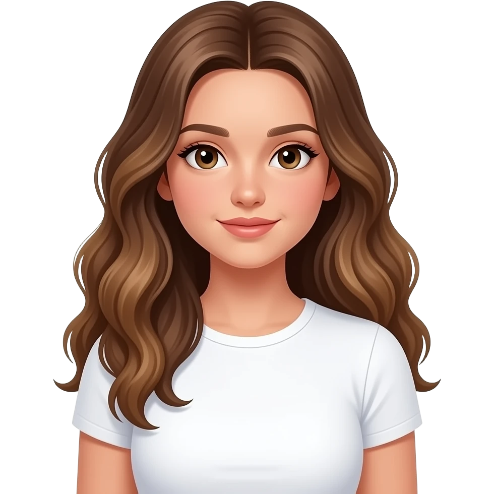 a 13 year old girl long pretty wavy brown hair light brown highlights extremely really really tan white tight shirt emoji