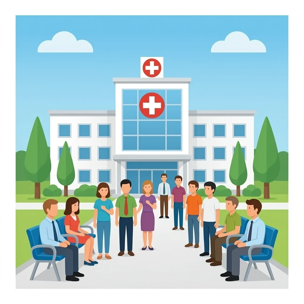 lista de espera hospital con mucha gente esperando y hospital de fondo emoji