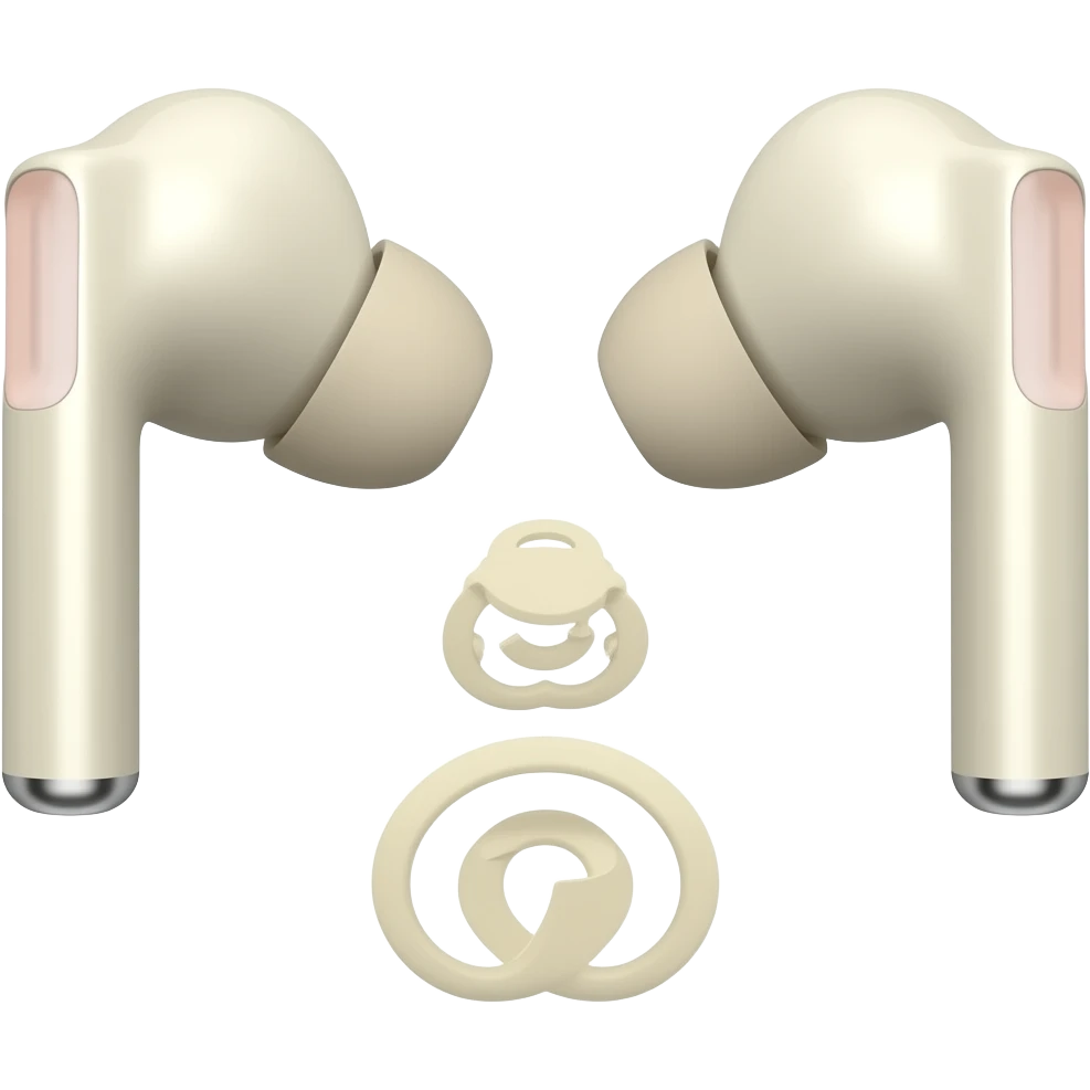 wireless earbuds, creamy beige tones, subtle pink accents emoji