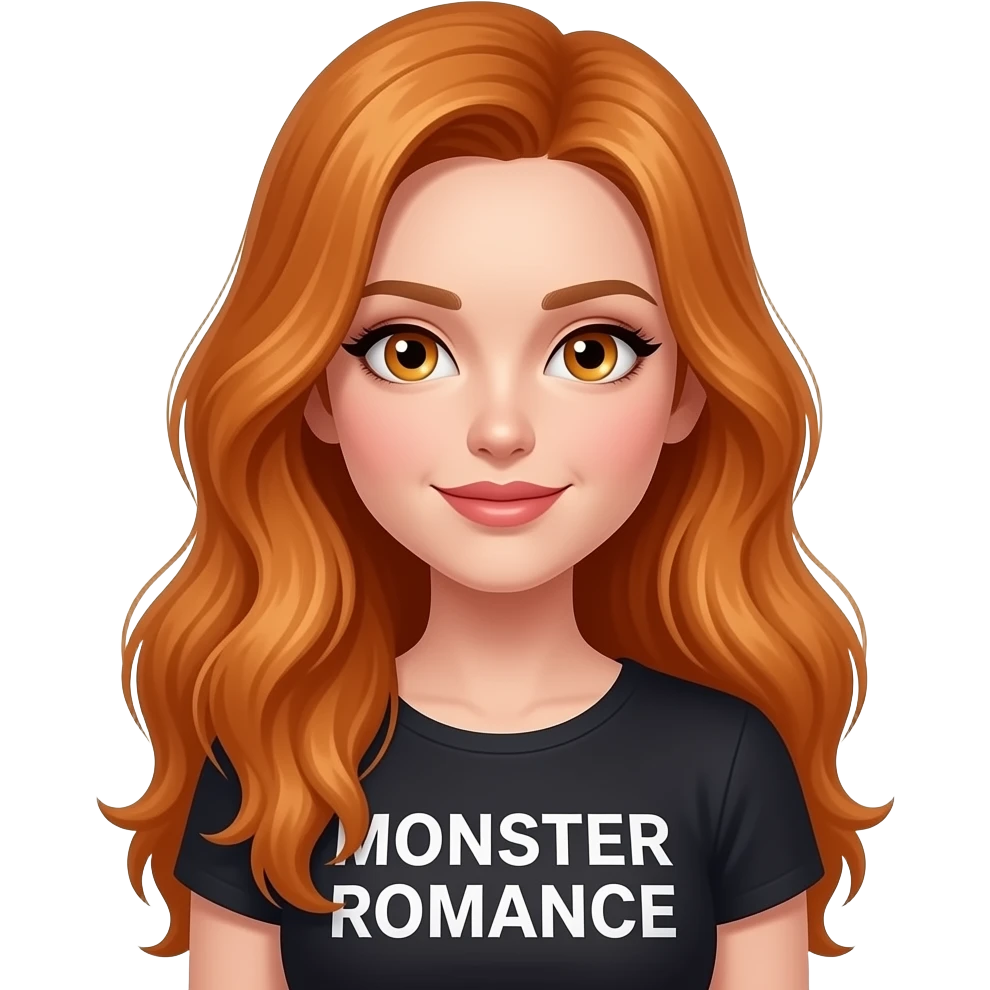 sexy girl with long ginger hair and ginger eyes a top with MONSTER ROMANCE written on it emoji
