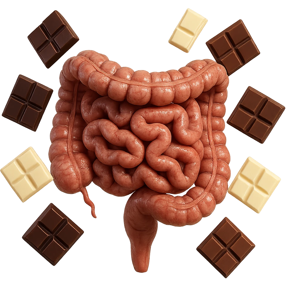 pezzetti di cioccolato fondenti, al latte e bianchi fluttuano intorno ad un intestino umano anatomico realistico, IPERREALISTICO 4K emoji