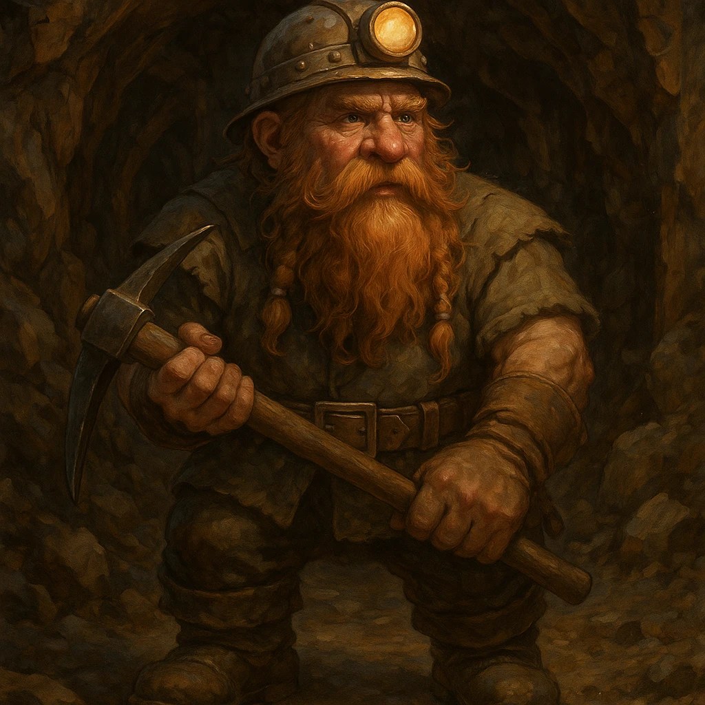 a dwarf miner holding a pickaxe, underground setting, fantasy style, detailed character illustration emoji