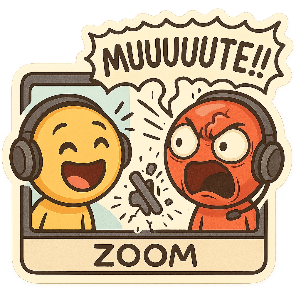 Zoom call scene with two emojis: on the left, a clueless speaking emoji with a smiling face, mouth wide open, leaning in, wearing headphones; on the right, a red angry face emoji with comically huge eyes, one giant vein popping from forehead, wearing headphones, screaming 'MUUUUUTE!!!' in a wobbly, earthquake-style speech bubble that shakes the whole frame; between them, a tiny floating mute icon being crushed by the speech bubble, cracking like an egg emoji