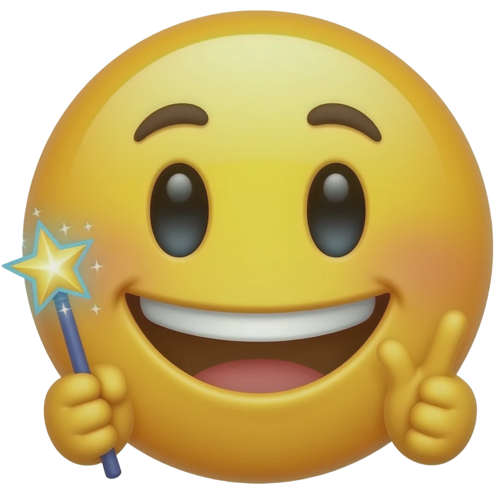 smiley face emoji with hands and a magic wand in one hand. Transparent background. emoji
