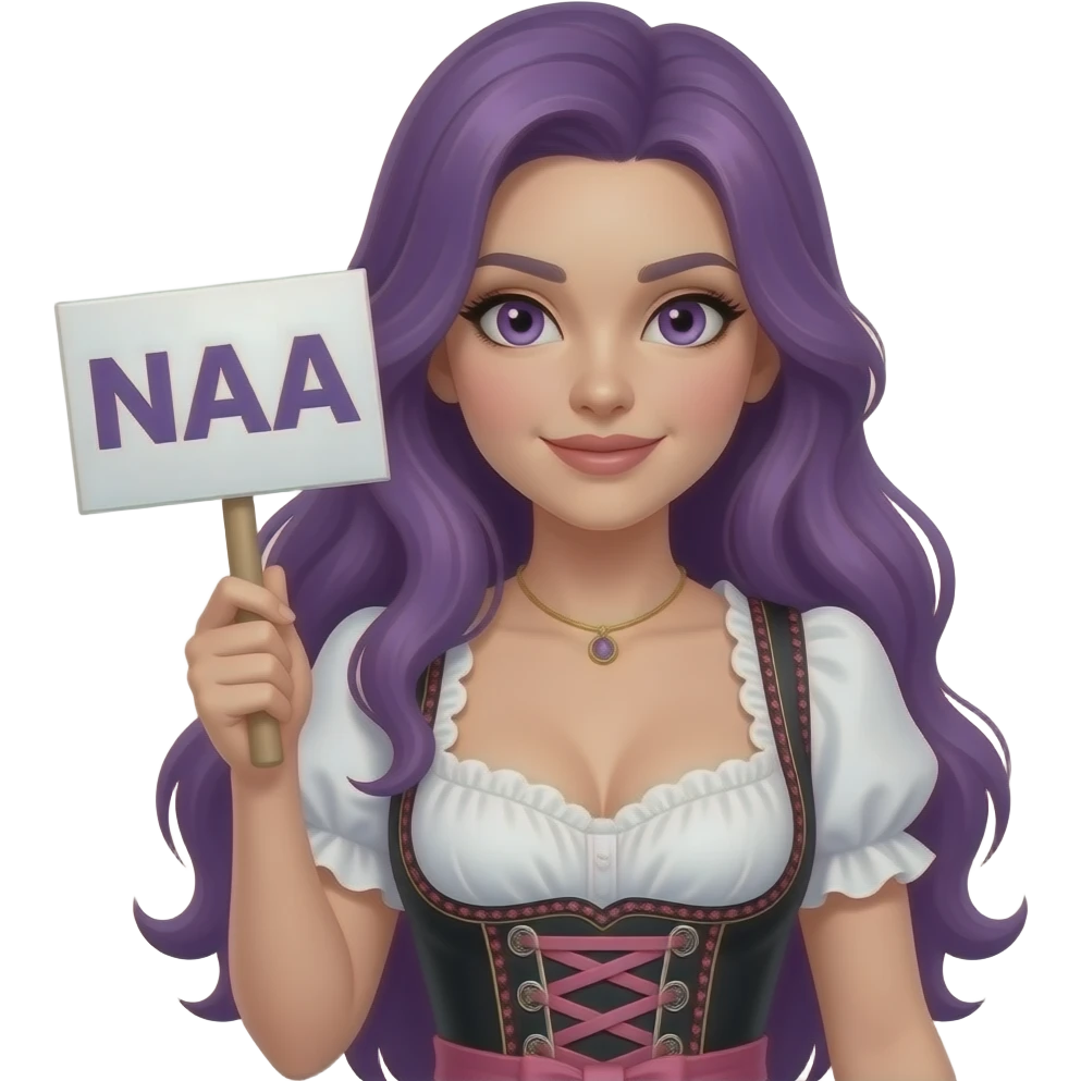 sexy girl with long purple hair and purple eyes wearing a dirndl holding a NAA sign emoji
