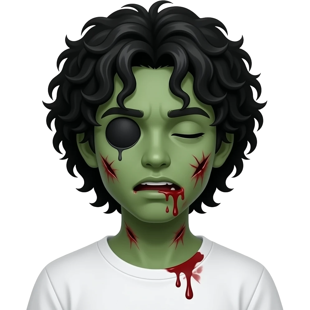 low quality, dark green skin zombie, black long curly 3c type hair, mouth slightly open with blood leaking out of mouth, wounds and on zombie, white regular tee shirt, a young teenager, no wrinkles on face at all, eyes blacked out all the way with one eye shut, bloody cuts, one eye shut emoji
