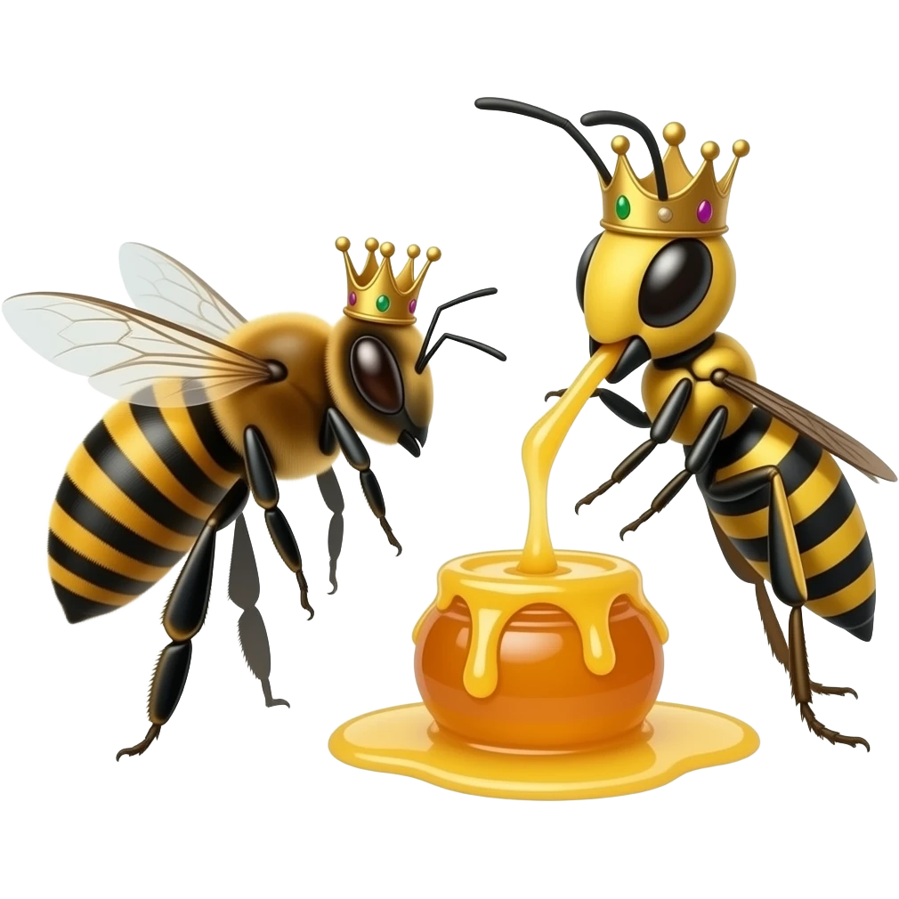 Make a Queen honeybee with an crown and king Wasp with an crown eating honey emoji