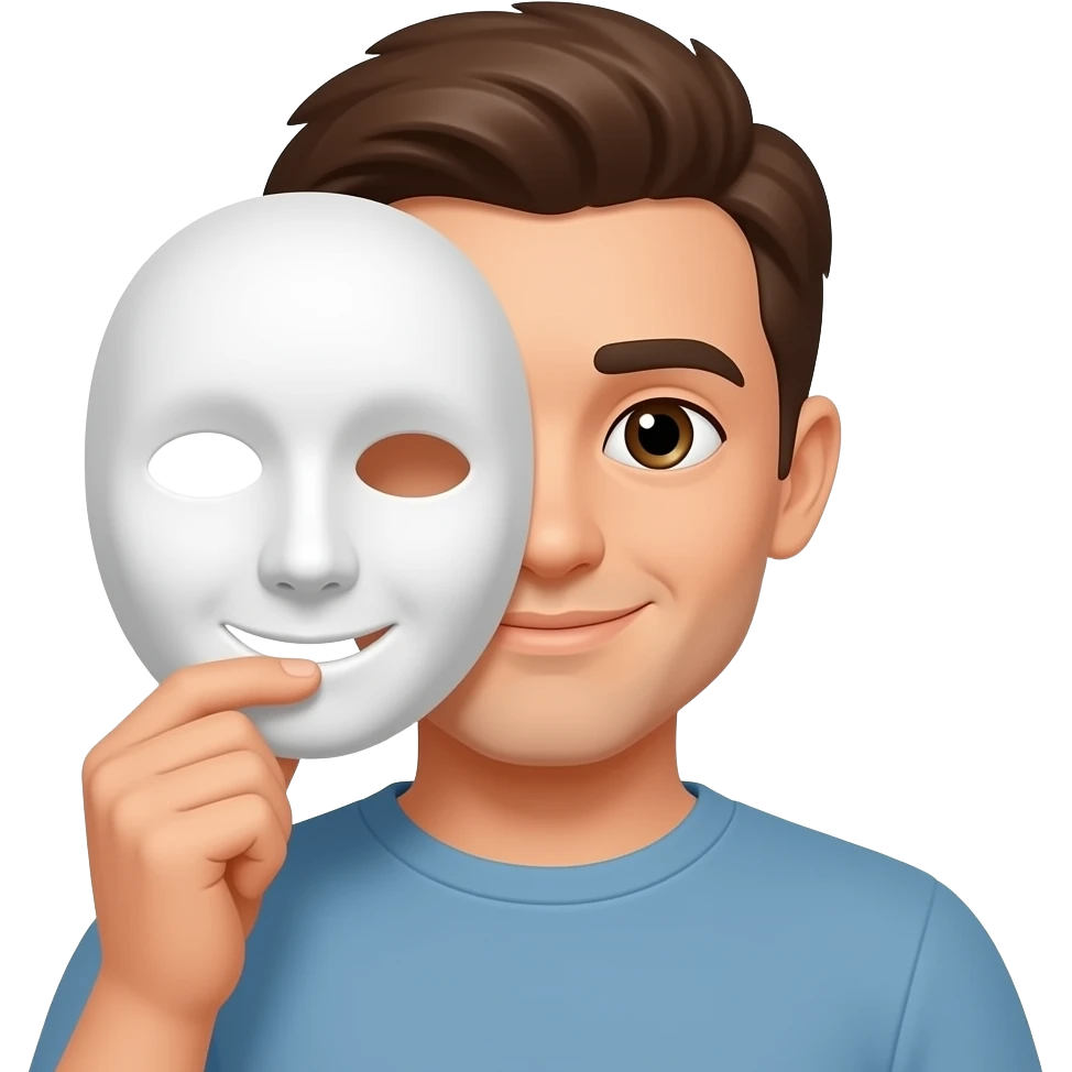 brown-haired man holding a white simple  round mask with two small black dot eyes and a curved smile, smooth over half their face emoji