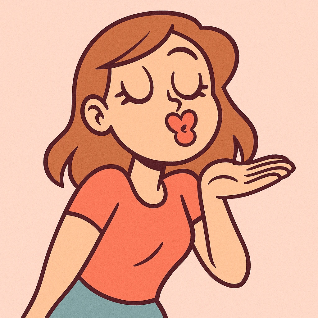 colorful cartoon style young woman blowing a kiss, lips shaped like a heart, pastel background emoji