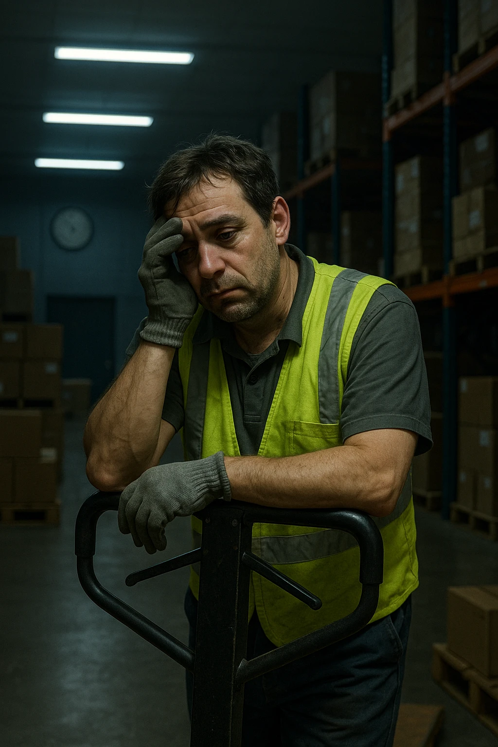 a tired warehouse worker in his 40s, wearing a reflective vest and work gloves, stands under harsh fluorescent lights in a large, dimly lit warehouse. He leans on a pallet jack, eyes heavy with fatigue and dark circles under them. Stacks of boxes and shelves loom in the background, and a wall clock shows it’s the middle of the night. The mood is somber and empathetic. emoji