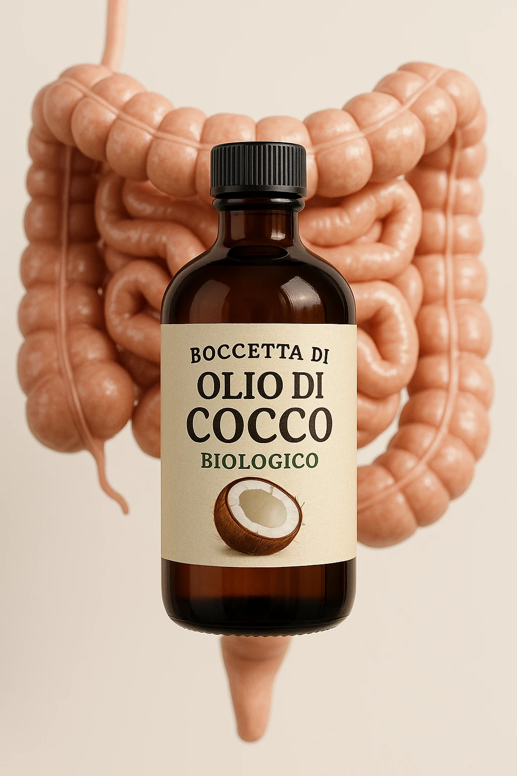 BOCCETTA DI OLIO DI COCCO BIOLOGICO (FAI UN ETICHETTA SUL PRODOTTO IN ITALIANO) CHE FLUTTUA IN ARIA DAVANTI A UN INTESTINO UMANO ANATOMICO IN PERFETTA SALUTE, SFONDO CHIARO, iperrealistico 4k emoji