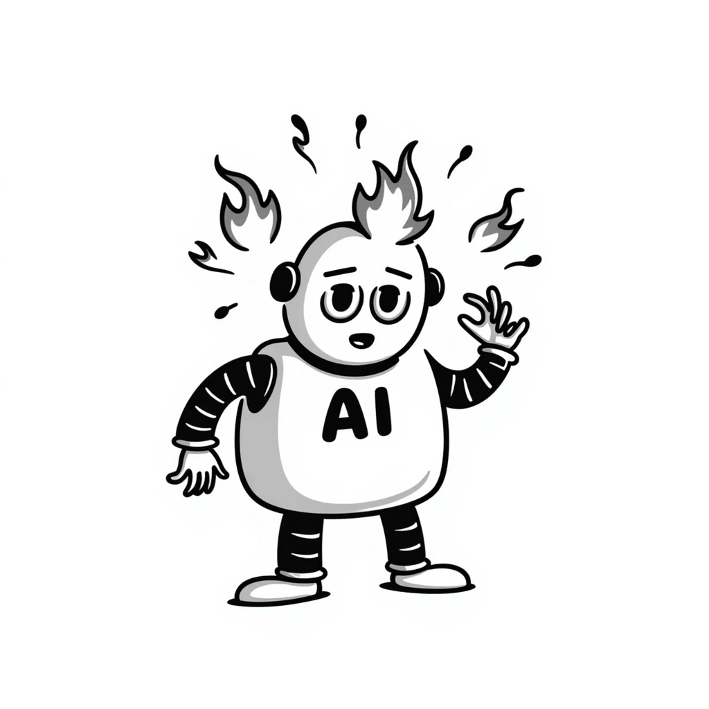 hand-drawn doodle of robot labeled 'AI', sweating, catching fire, looking panicked emoji