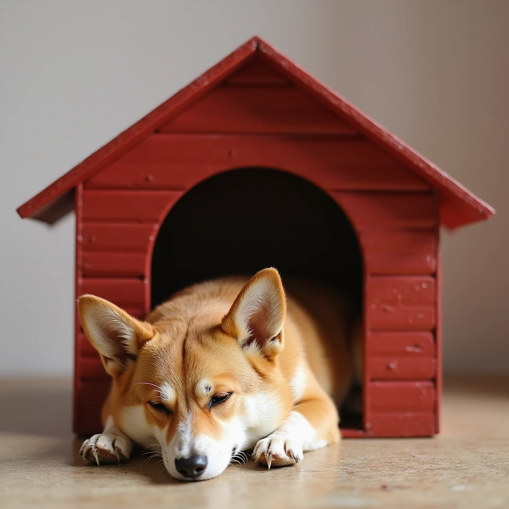 realistic red dog house with a Corgi dog inside, Corgi sleeping, photorealistic style emoji