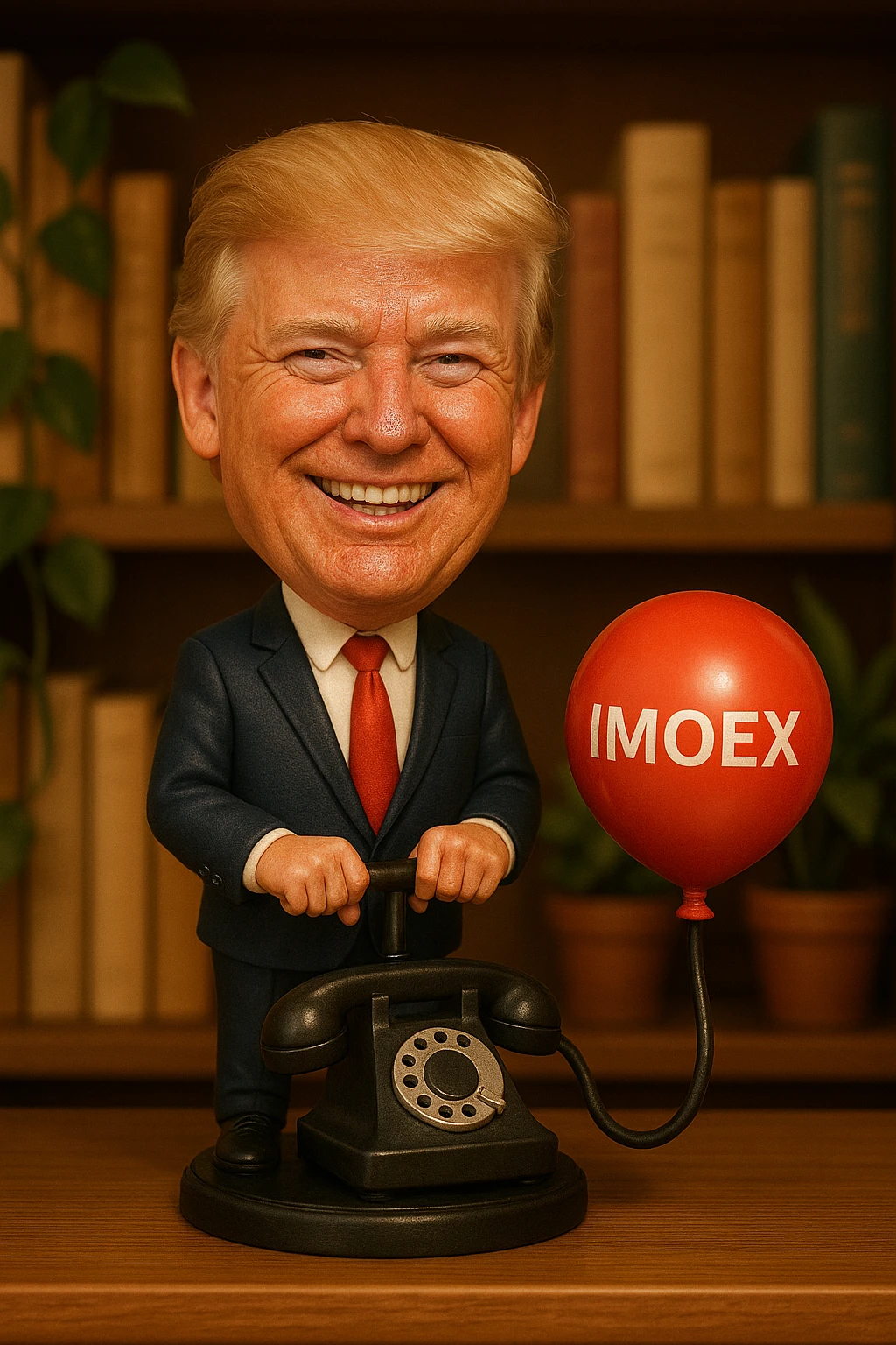 Дональд Трамп  улыбается в поте лица качает через насос в виде старого телефонного аппарата, который подключен к надувающемуся красному шарику, который символизирует фондовый рынок и на нём написано IMOEX emoji