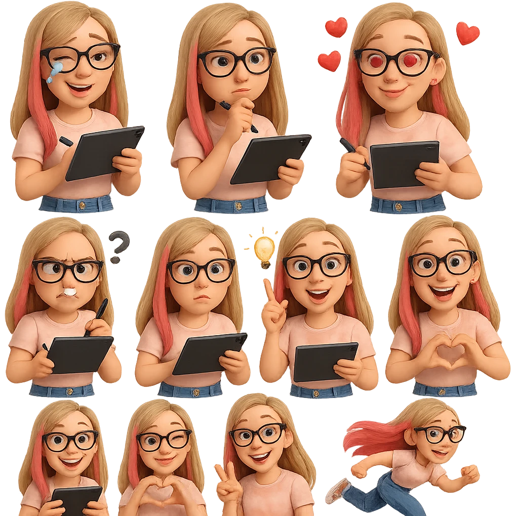 «Создай набор из 12 наклеек в стиле 3D cartoon  женского персонажа (30 лет выглядит моложе)  с прямыми светло русыми волосами до лопаток, яркие розовые пряди в волосах), светлой кожей, большими выразительными голубыми глазами, черные очки для зрения формы кошачий глаз, нос чуть с горбинкой.
Персонаж должен носить пастельную розово-бежевую тай дай футболку, голубые джинсы фасона мом, персонаж должен иметь разные выражения: смех до слез, задумчивость, влюбленность (с сердцами вокруг головы), злость с паром из носа, растерянность (со знаком вопроса), наличие идеи (с зажженной лампочкой), плач со слезами из глаз, удивление с открытым ртом, улыбка и  подмигивание, знак мира рукой, создание сердца руками, бегство со всех ног. Размер картинки не ограниченный, чтобы все наклейки вместились без обрезки. Стиль мультяшный  DreamWorks, мягкий свет, прозрачный фон, и добавь персонажу в руки графический планшет следи чтобы выглядело органично, красиво, не нарушая законы природы и физики, можешь добавить в другую руку перо от графического планшета, если это будет позволять смысл стикера» emoji