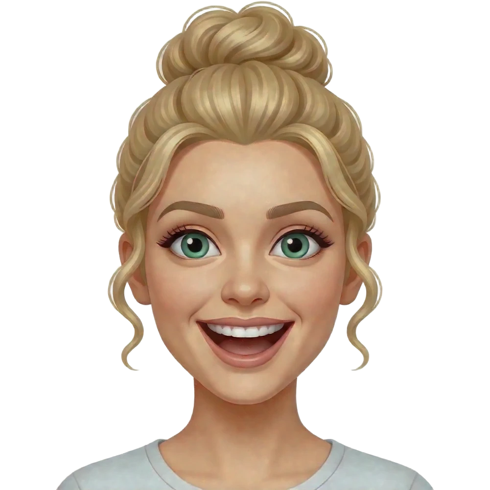 blonde haired realistic woman laughing with green eyes curly bun emoji