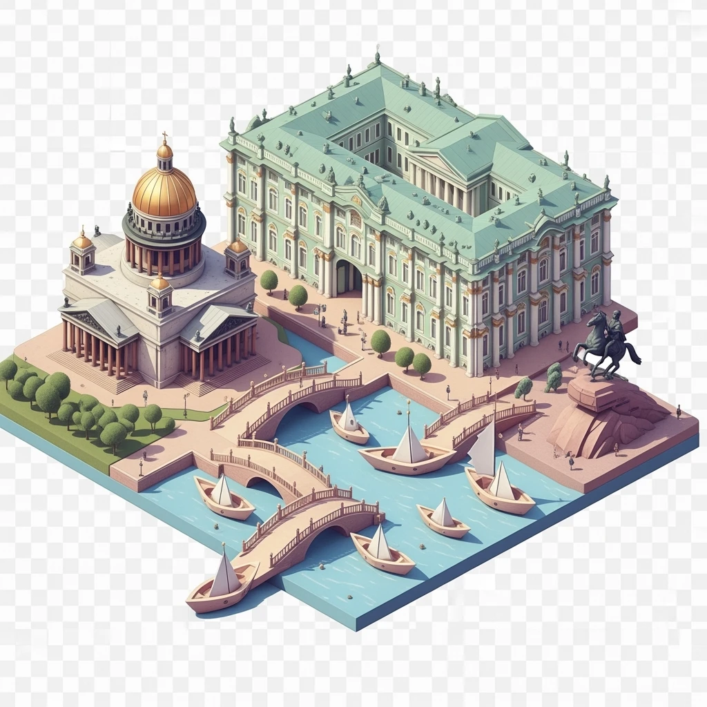 Isometric illustration of Saint Petersburg with the Saint Isaac’s Cathedral, the photorealistic Winter Palace, and the Bronze Horseman statue, toy boats and bridges, in pastel miniature diorama style, transparent background emoji