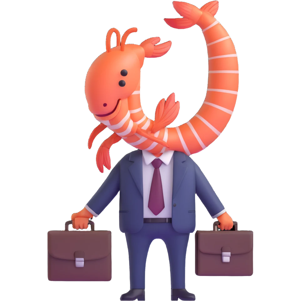 shrimp wearing business suit with briefcase, businessman shrimp, memoji style emoji