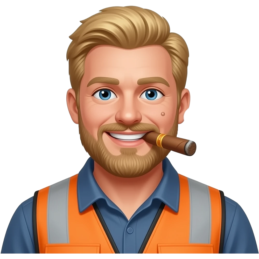 Big Blonde hair Guy with a Mole on his right cheek and a beard, smoking a cigar Wearing a construction vest with a big smile emoji