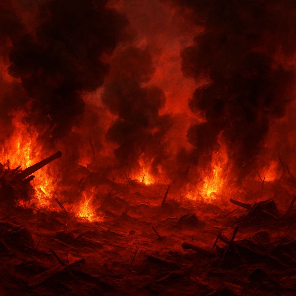 red battlefield, smoke and fire, chaotic scene emoji