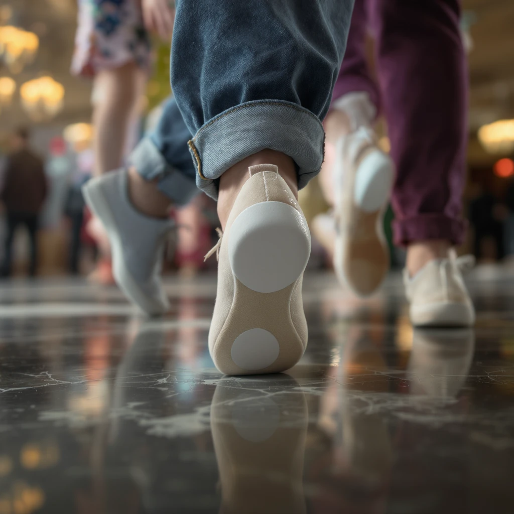 Realistic image with a 9:16 aspect ratio. The image should show the feet of dancing people from a low angle looking up. The people are dancing on glass. The perspective is from below, looking up through the glass. Close-up of a dancing girl's foot in shoes, with a blank sticker on the shoe. emoji