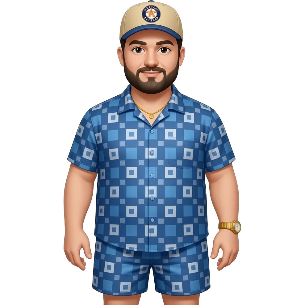 Chubby man with beige skin tone with lightly shaved black beard wearing a blue button down short sleeve shirt with matching shorts with square pattern designs wearing a beige Huston Astros logo baseball cap wearing a gold tennis necklace and a gold wrist watch emoji