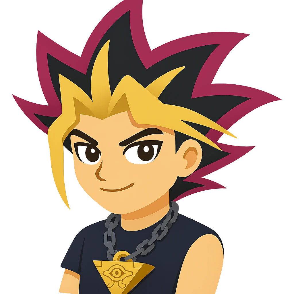 Create an emoji style version of Yugi from Yu-Gi-Oh inspired by the reference image. Expression should be determined with tricolor hair blowing in the wind and Millennium Puzzle necklace. The style should resemble apple style emojis with concise details. emoji