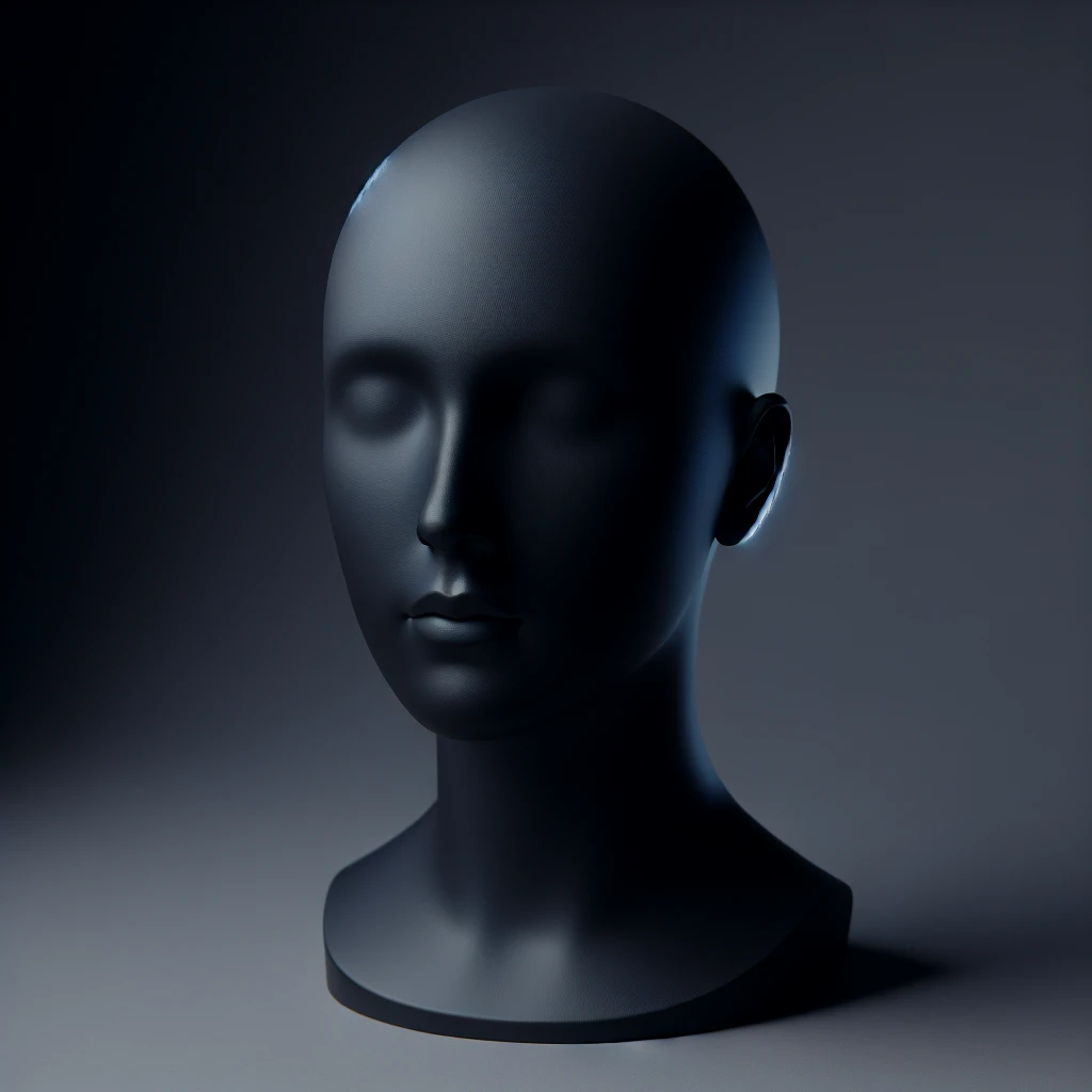 Minimalist 3D avatar, smooth matte plastic texture, soft cinematic lighting. The entire figure is completely black and matte. no eye sockets, no pupils, no eyebrows, clay render style, modern digital illustration, octane render. emoji
