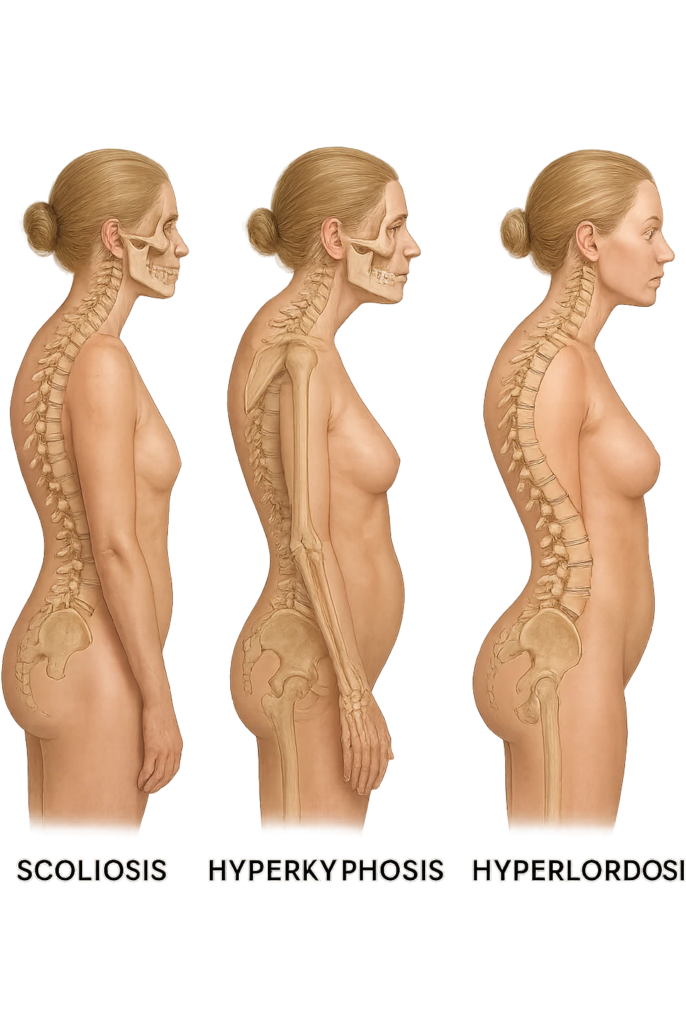 fai un immagine identica che riguarda 3 posture scorrette: scoliosi, ipercifosi e iperlordosi. falla iperrealistica anatomica in 4k emoji