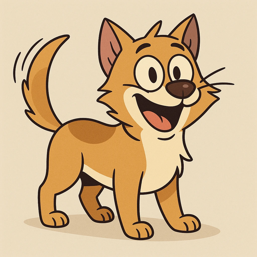 cheerful dog-cat hybrid, wagging tail, bright eyes, joyful, illustrated in a fun style emoji