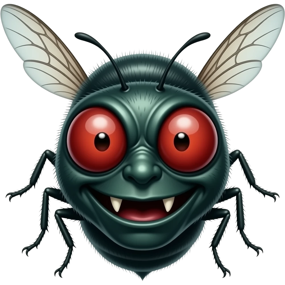 Creepy fly-man villain emoji, bulging red compound eyes, small sharp fangs, dark green/black skin, tiny insect hairs, semi-transparent wings behind head, mischievous evil grin, glossy emoji style, soft lighting, centered face only, clean background, high detail, slightly disgusting but playful emoji